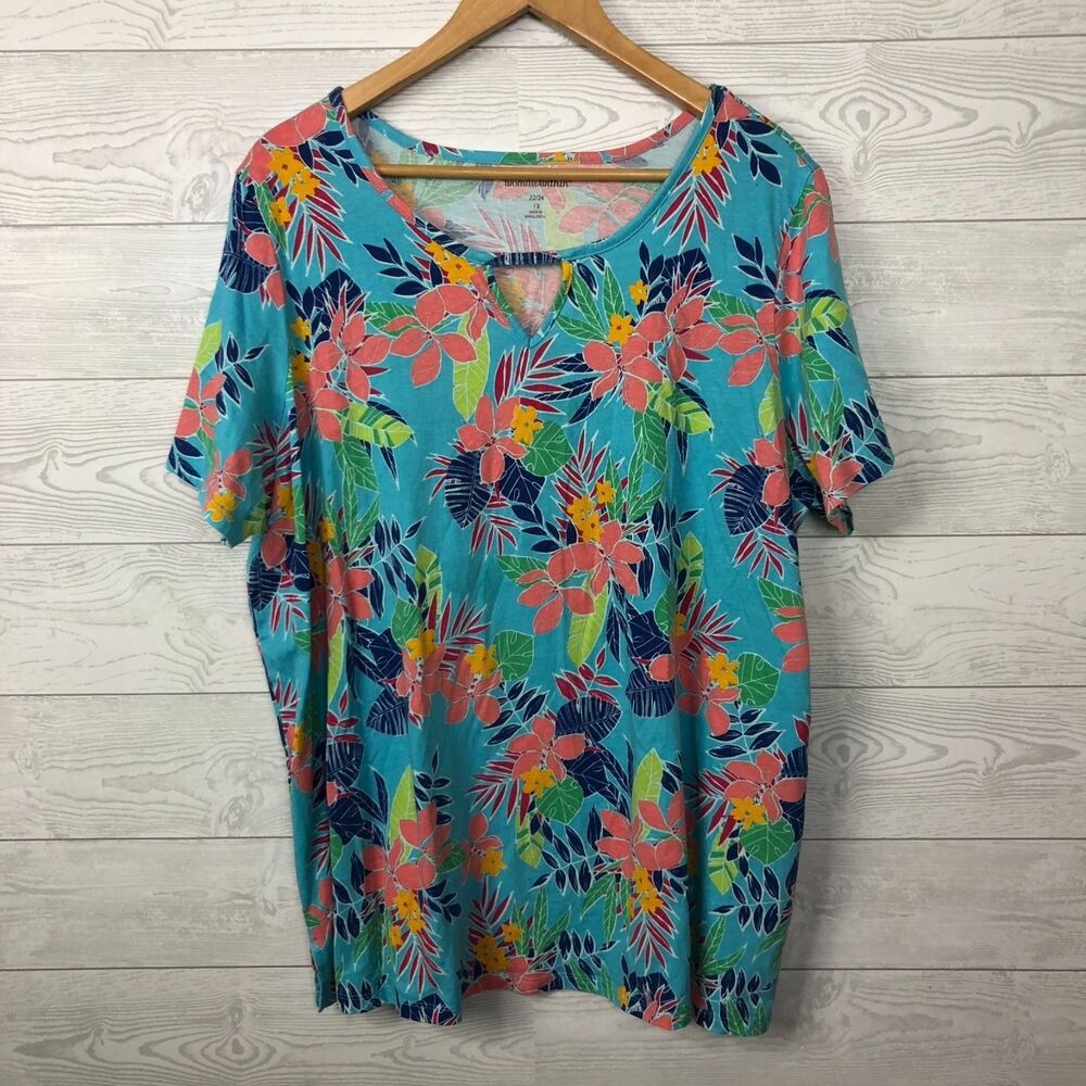 Woman Within Size 22/24 Floral Print Short Sleeve Tee Shirt 100% Cotton Casual